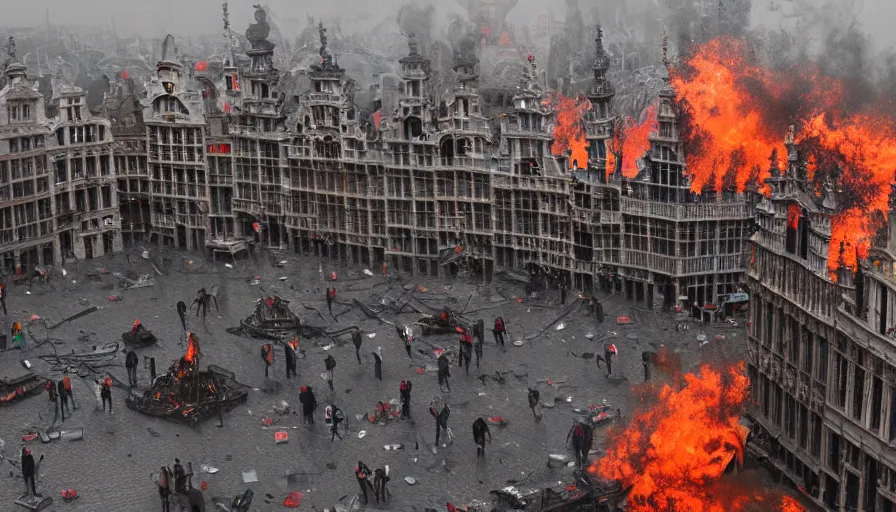 Image similar to destroyed grand place, brussels with fire and debris, grey sky, hyperdetailed, artstation, cgsociety, 8 k