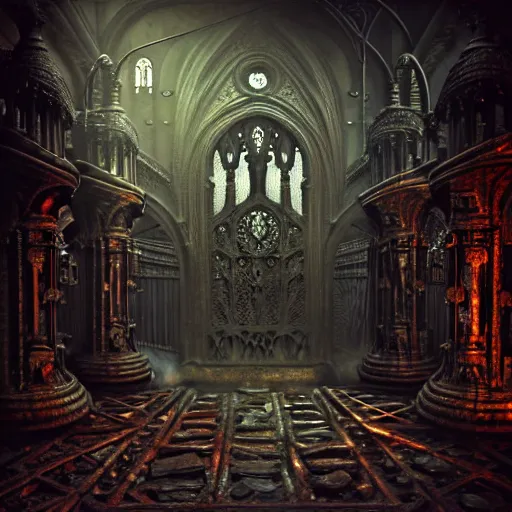 Image similar to steam necropolis, memento mori, gothic, neo - gothic, art nouveau, hyperdetailed copper patina medieval icon, stefan morrell, philippe druillet, ralph mcquarrie, concept art, steampunk, unreal engine, detailed intricate environment, octane render, moody atmospherics, volumetric lighting, ultrasharp, ominous, otherworldly