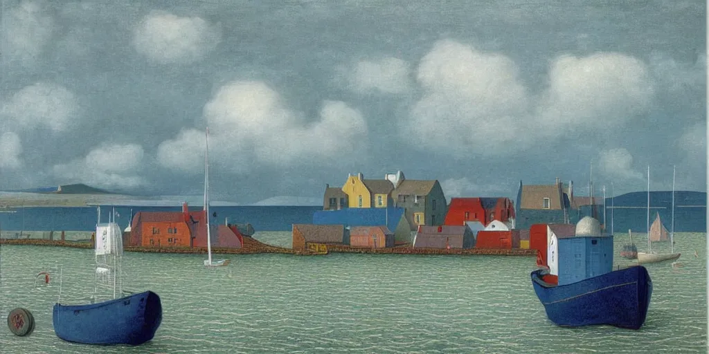 Image similar to a painting of the harbour at Stromness, orkney islands, small houses, boats, sea, stormy clouds, by René Magritte