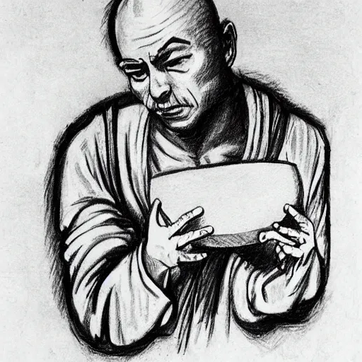 Prompt: pencil sketch of a monk drinking mead from a barrel