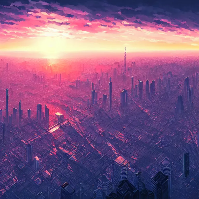 Image similar to birdseye view of a sunrise over a city, art by yoshitaka amano and alena aenami, cityscape