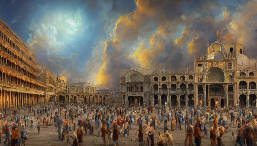 Prompt: bob ross surrounded by hundreds of easels with paintings and a big portal to another dimension on the piazza san marco, extremely detailed digital painting, vibrant colors, in the style of tomasz alen kopera and fenghua zhong and peter mohrbacher, mystical colors, rim light, beautiful lighting, 8 k, stunning scene, raytracing, octane, trending on artstation