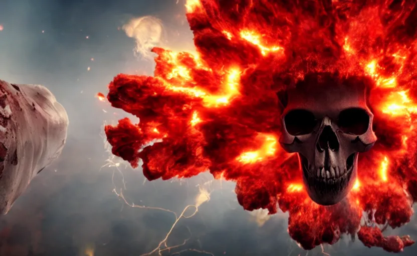 Prompt: skull shaped thermonuclear explosion of blood, cinematic shot, dramatic volumetric lighting, epic composition, 4K Ultra HD