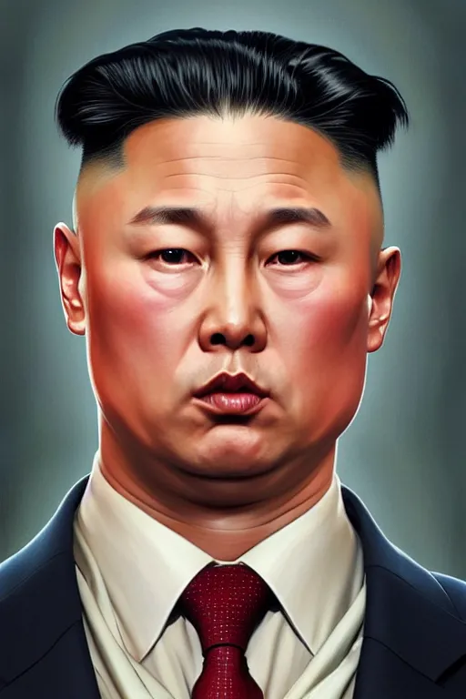 Image similar to vladimir putin with kim jong un hairstyle, realistic portrait, symmetrical, highly detailed, digital painting, artstation, concept art, smooth, sharp focus, illustration, cinematic lighting, art by artgerm and greg rutkowski and alphonse mucha