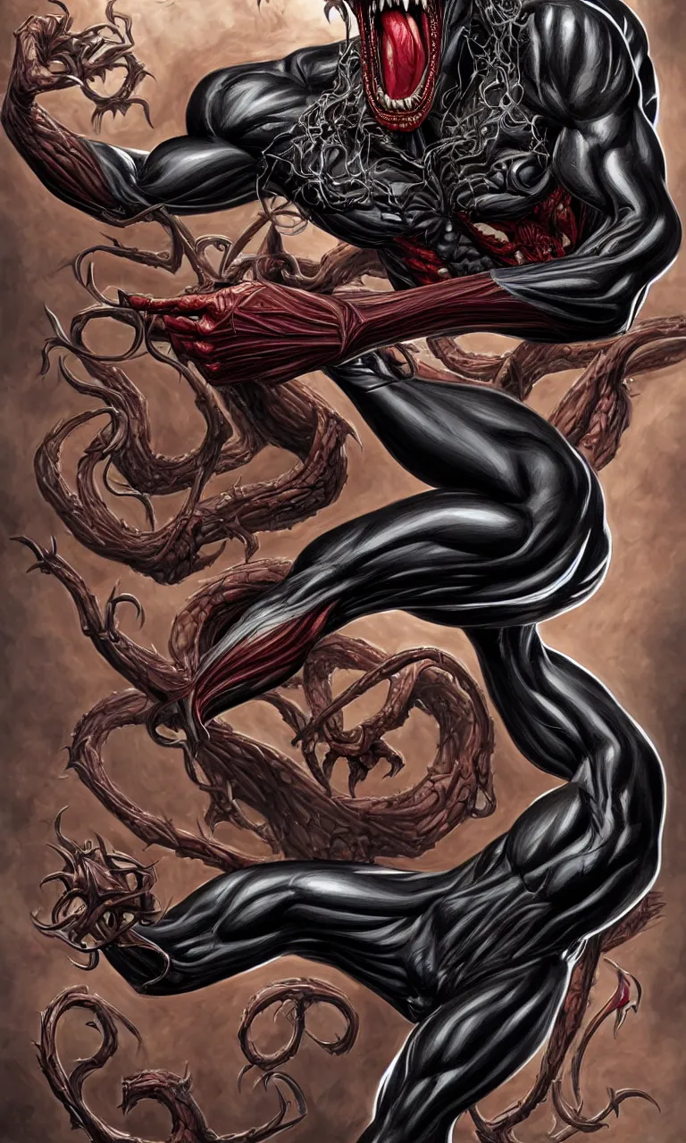 Image similar to anatomically acurate full body long shot venom from marvel comics!!!!, large mouth with teeth, fantasy, intricate, elegant, highly detailed, digital painting, artstation, concept art, matte, sharp focus, illustration, art by glenn fabry