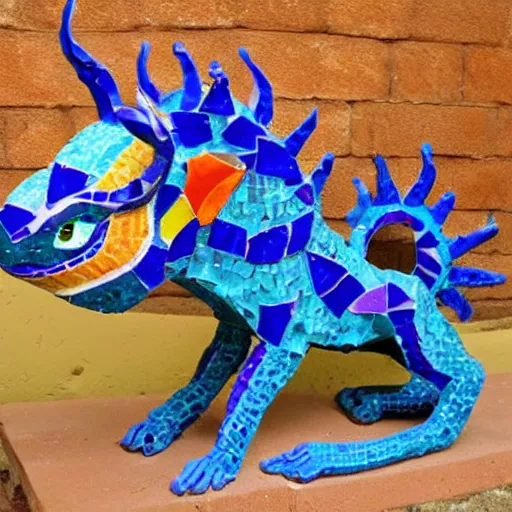 Image similar to mosaic sculpture of a alebrije chimera!!!, irregularly shaped mosaic tiles, hand glazed pottery shards, in the style of folk art, gallery photo