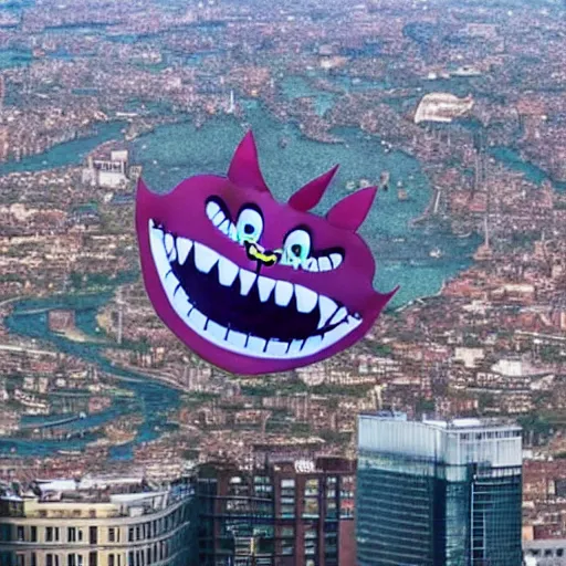 Prompt: gigantic chrome cheshire cat grin! floating over a modern city