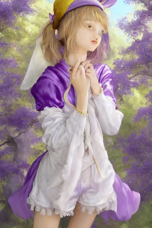 Image similar to Full View fairy maiden with short blond hair wearing an oversized purple Beret, Baggy Purple overall shorts, Short Puffy pants made of silk, silk shoes, a big billowy scarf, Golden Ribbon, and white leggings Covered in stars. covered in embroidery. Short Hair. peasant magic. masterpiece 4k digital illustration by Ruan Jia and Mandy Jurgens and Artgerm and william-adolphe bouguereau, award winning, Artstation, art nouveau aesthetic, Alphonse Mucha background, intricate details, realistic, panoramic view, Hyperdetailed, 8k resolution, intricate art nouveau