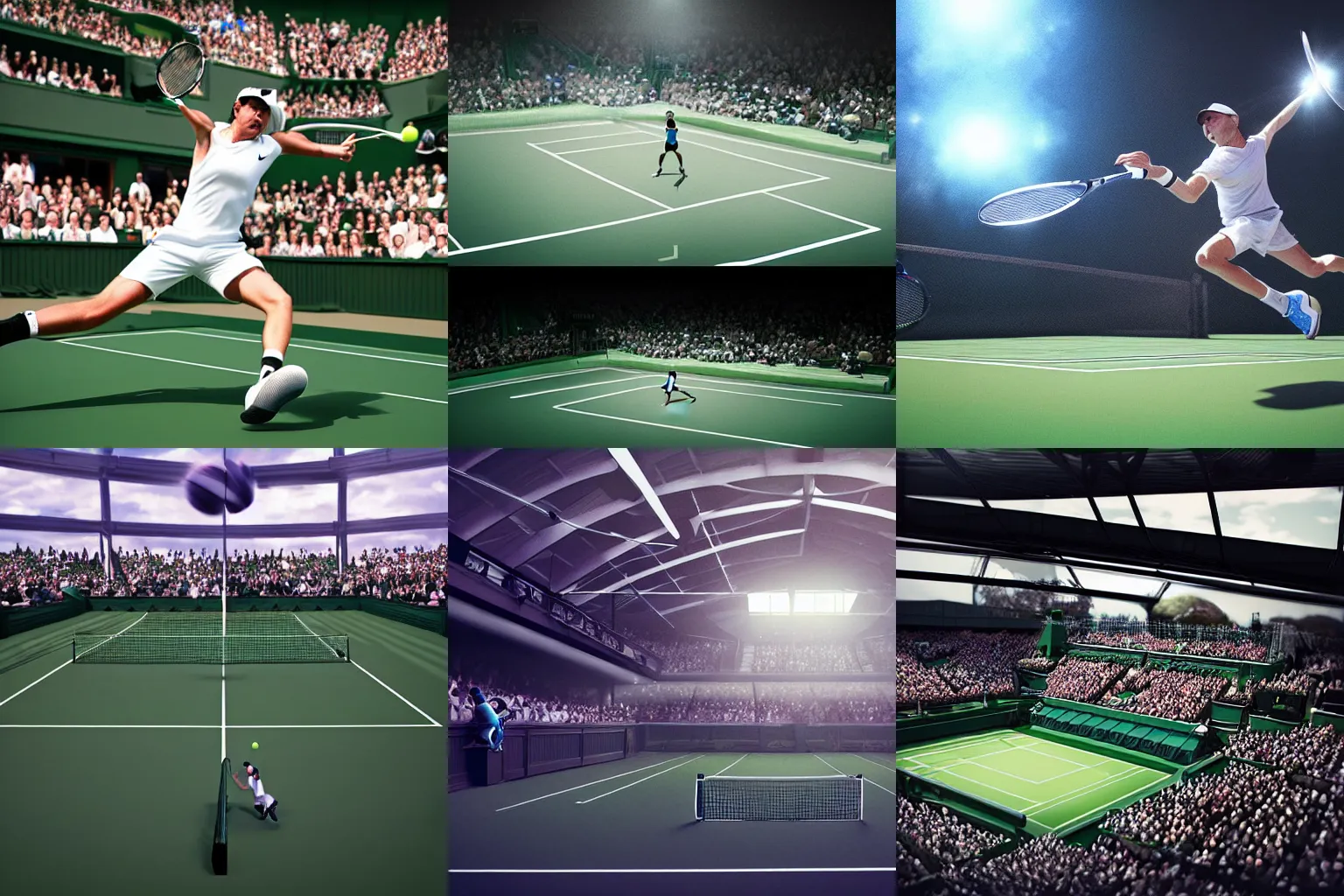 Prompt: photorealistic art of a tennis player smashing the ball on center court at wimbledon, dynamic lighting, space atmosphere, hyperrealism, stunning visuals, by nick silva and mumford.