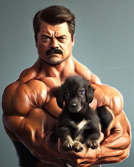 Image similar to gigachad ron swanson bodybuilder holding a cute puppy in final fight mountain by ilya kuvshinov, ernest khalimov body by krista sudmalis, fantasy character portrait, ultra realistic, concept art, intricate details, elegent, digital painting, smooth, sharp focus, illustration, art by artgerm and greg rutkowski and alphonse mucha, artstation