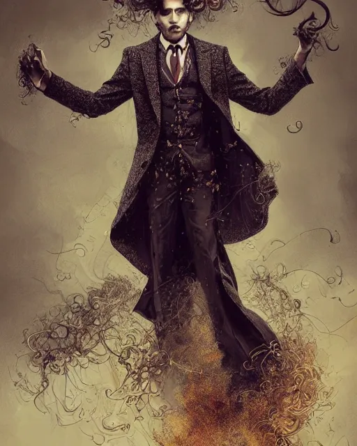 Image similar to a highly detailed portrait of devious male magician radiating a powerful energy aura, ornate back tuxedo, wispy tendrils of smoke, intricate, digital painting, old english, raining, sepia, particles floating, whimsical background by marc simonetti, artwork by liam wong