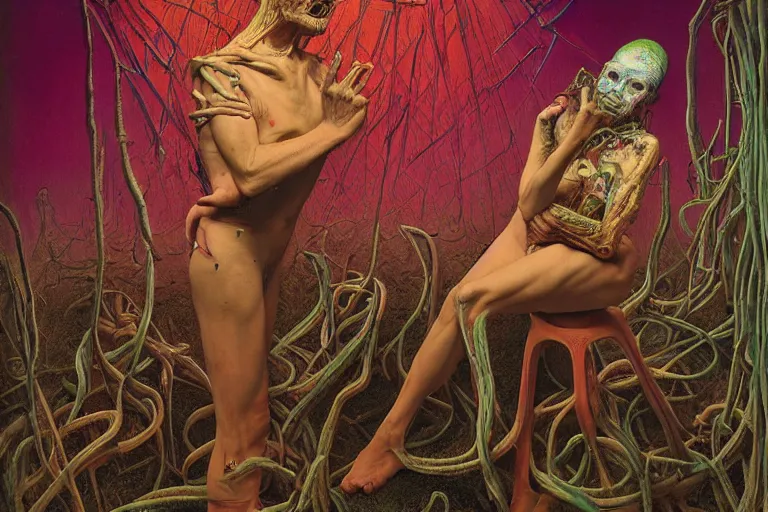 Prompt: 35mm color, mental health, humans enslaved, artificial intelligence, portrait, fashion shoot, freak show, weird, random, strange, hyperdetailed, photorealistic, interesting, by David la chapelle and karol bak and david cronenberg and WETA digital, art by Zdzisław Beksiński, Ivan Bilibin, Dariusz Zawadzki , ID magazine, octane rendering, cinematic, hyperrealism, octane rendering, 8k, depth of field, bokeh.