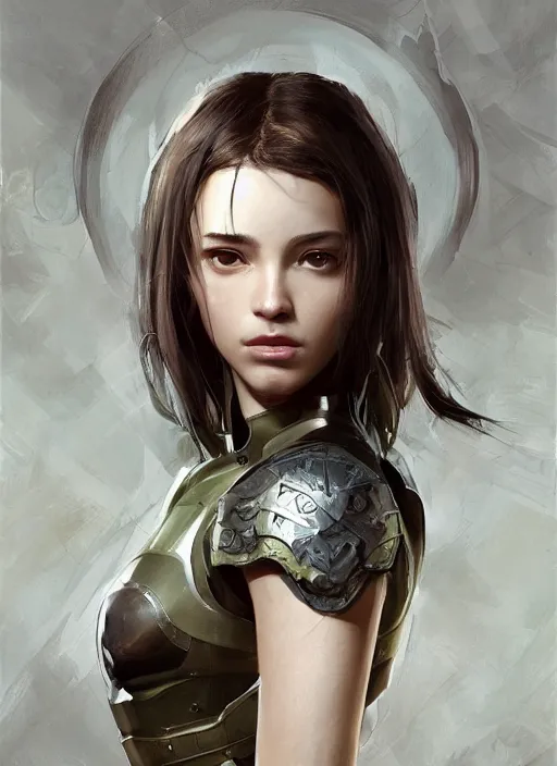 Image similar to a professional painting of a beautiful young female, clothed in military armor, olive skin, long dark hair, beautiful bone structure, symmetrical facial features, intricate, elegant, digital painting, concept art, smooth, sharp focus, illustration, from Metal Gear, by Ruan Jia and Mandy Jurgens and Artgerm and William-Adolphe Bouguerea