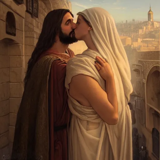 Image similar to jesus kissing a sensual woman in jerusalem, elegant, highly detailed, digital painting, artstation, concept art, matte, sharp focus, highly detailed, 4 k, hdr, smooth, sharp focus, high resolution, award - winning photo, photorealistic, art by artgerm and greg rutkowski and alphonse mucha, large shot