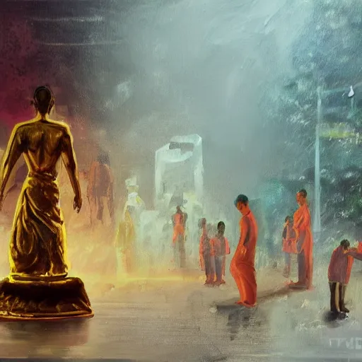 Image similar to an oil painting of a oil being worshipped my millions in Dhaka city, concept art