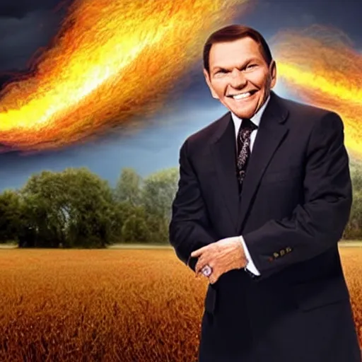 Prompt: kenneth copeland struck by lightning bold from the sky, fire around, open field