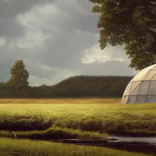 Image similar to a field with a house in the distance, a small stream flowing through the field, all inside a giant dome