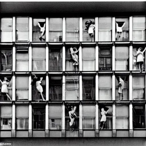 Image similar to 'Girls in the Windows', a photo taken by Ormond Gigli on New York’s East 58th Street in 1960. The building was knocked down the next day.