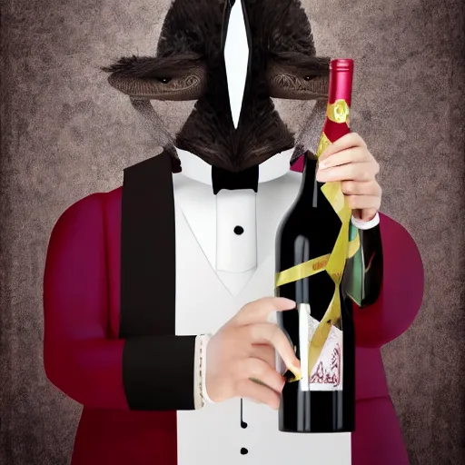 Prompt: a dragon man wearing tuxedo holding a wine bottle portrait, digital art, digital painting, masterpiece, elegant, hyper realistic, award winning, 8 k, behance, artstation, unreal engine 5, octane render, masterpiece, sharp focus, intricate, ornate