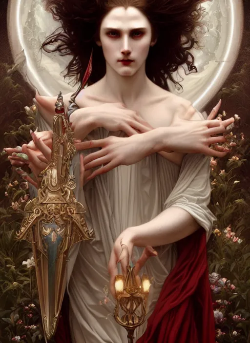 Image similar to majestic immortal vampire lord porcelain skin man movie poster, art style by edmund leighton, tom bagshaw, alphonse mucha, exquisite digital art, haunting, masterpiece, organic painting, photorealistic, ornate and hyper detailed