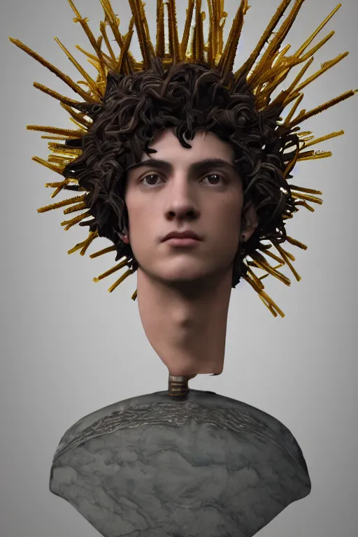 Image similar to a realistic porcelain full-head baroque style bust of handsome young Spanish brunette prince with a spiky hair and a crown made of colored pipecleaners, suspended in outer space, photorealism, octane render, depth of field, 8k, 35mm, artgem, Trending on artstation