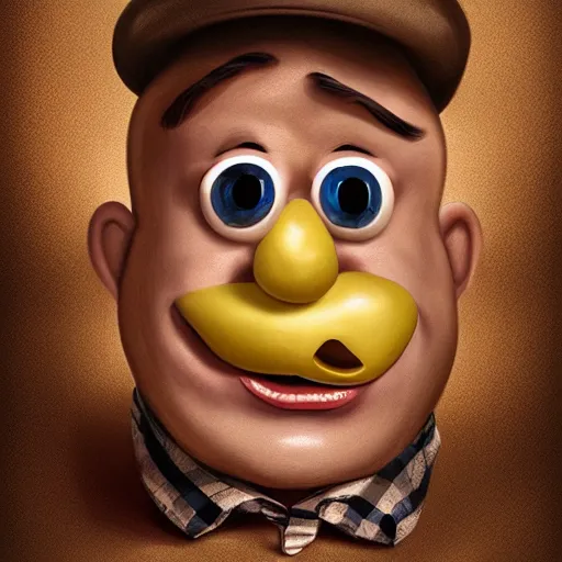 Image similar to teteaclaquestv mr potato head caricature, artgem, digital painting, color painting, hyperrealistic, concept art, oil painting, masterpiece, concept art, trending on deviantart, realistic and detailed face, highly detailed, high quality, 8 k, soft lighting, fancy colors, fantasy, cinematic, high coherence