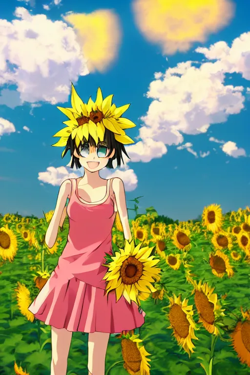 Prompt: Tonemapped Cheerful anime girl with bunny hat in the style of Makoto Shinkai and Yun Koga with a field of sunflowers in background