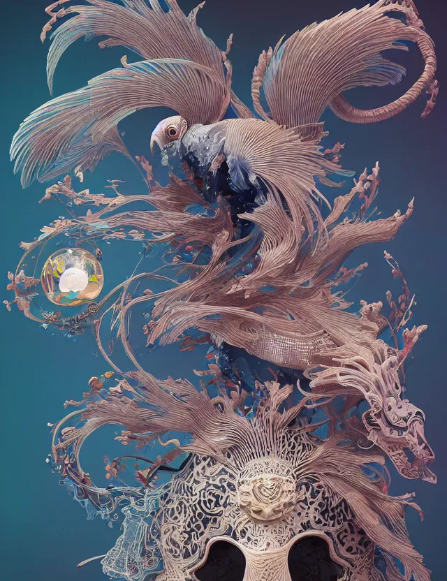 Image similar to 3 d abstract ornament. ram skull. beautiful intricately detailed japanese crow kitsune mask and clasical japanese kimono. betta fish, jellyfish phoenix, bio luminescent, plasma, ice, water, wind, creature, artwork by tooth wu and wlop and beeple and greg rutkowski