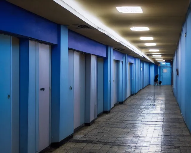 Image similar to a school corridor at night, night time, after hours, low light, blue, color