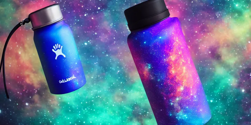 Image similar to hydro Flask, space, galaxy, glow, neon, closeup,