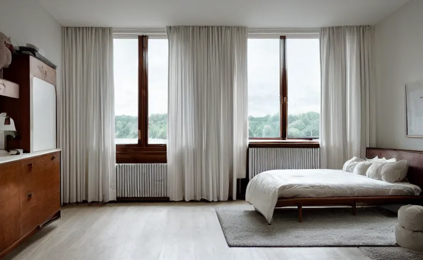 Prompt: art deco elegant bedroom interior, white, beige, slate, bed, walnut wood, bright, retro chic, minimalistic, swedish design, cupboards, giant windows with a view on green lush trees, sunset