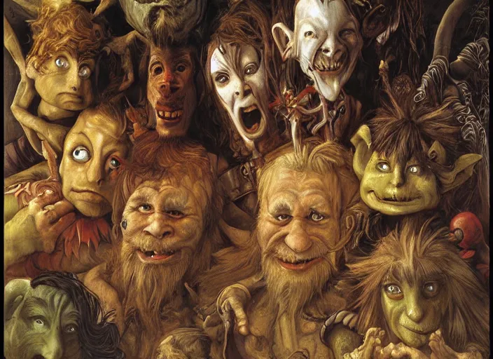 Image similar to jim henson's labyrinth. five goblins. by edgar maxence and caravaggio and michael whelan and delacroix style, artistic