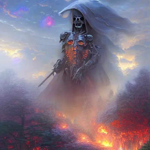 Prompt: now i have become death the destroyer of worlds, artwork by artgerm, 4 k resolution, landscape by thomas kinkade, art by ted nasmith