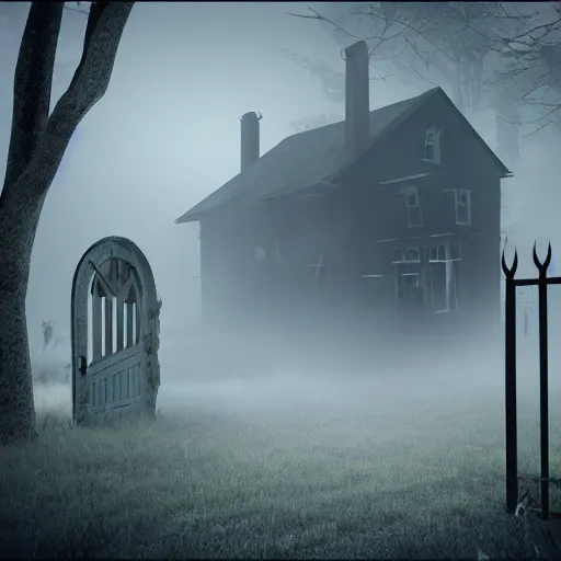 Prompt: a zombie at the gate of a decrepit house, night, misty, scary, spooky, octane render