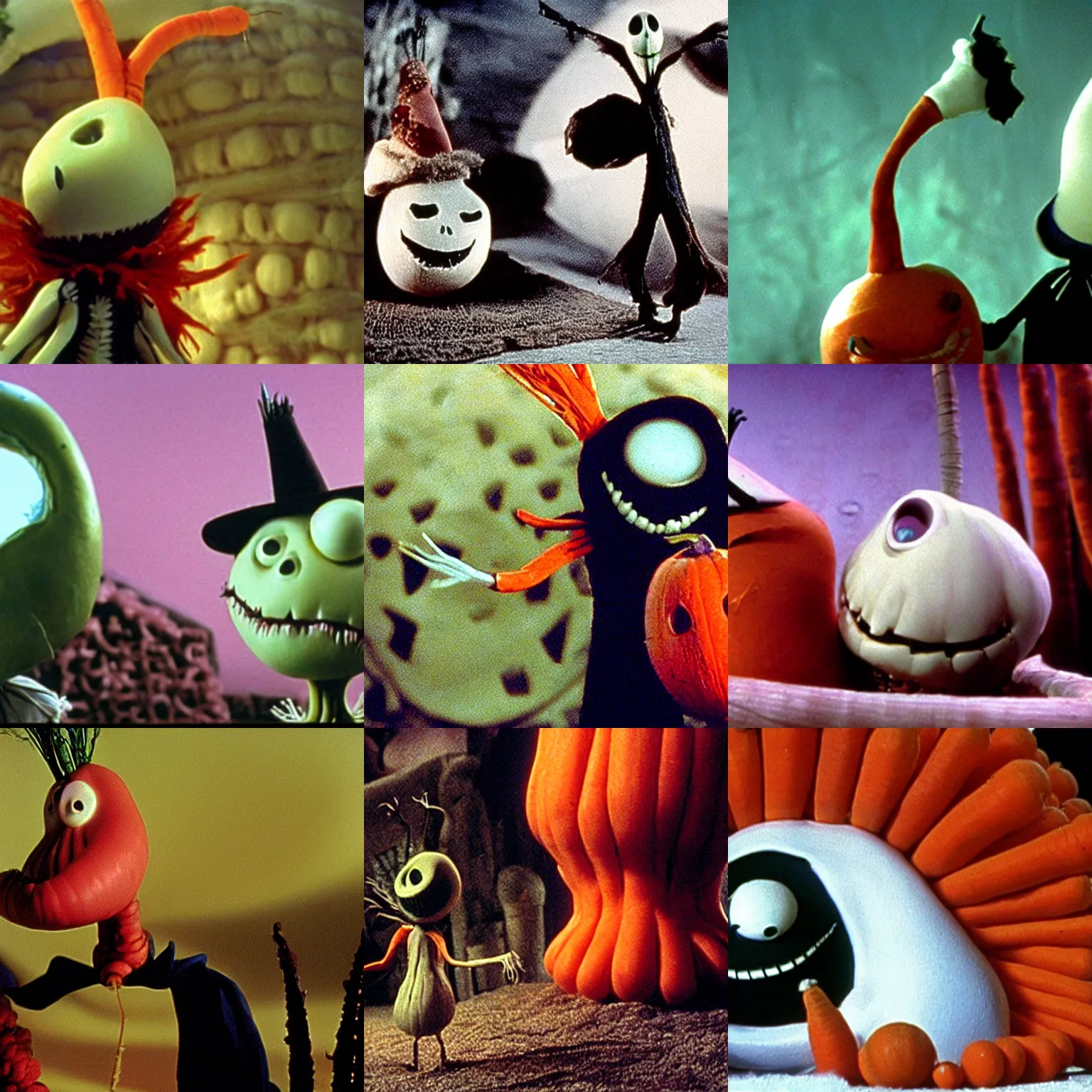 Prompt: film still of a scary carrot in the nightmare before Christmas by tim Burton