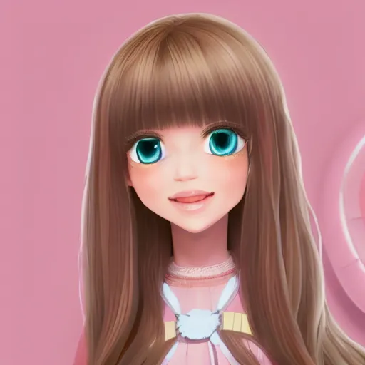 Image similar to Render of Nikki from Shining Nikki Dress-Up Game, a cute 3D young woman, long light pink hair, full bangs, full round face, hazel amber eyes, pale skin, cute freckles, light blush, Chinese heritage, smiling softly, wearing casual clothing, interior lighting, cozy living room background, medium shot, mid-shot, hyperdetailed, trending on Artstation, Unreal Engine 4k