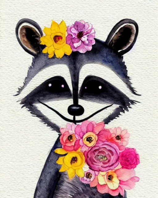 Prompt: a painting of a smiling anthropomorphic raccoon wearing a flower crown, a watercolor painting by annabel kidston, a storybook illustration, trending on pinterest, rococo, muted colors, soft colors, low saturation, smooth, made of flowers, watercolor, intricate, whimsical, white paper, minimalist, simple