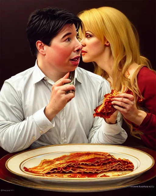 Image similar to Portrait of Michael Mcintyre & a blonde lady eating lasagna on r das flores in Porto,real life skin, intricate, elegant, highly detailed, artstation, concept art, smooth, sharp focus, art by artgerm and greg rutkowski and alphonse mucha