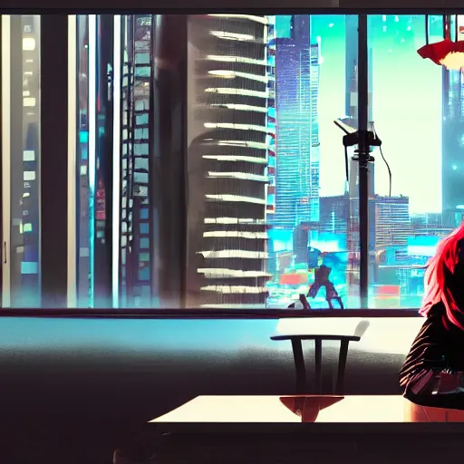 Image similar to synthwave cluttered living room wide shot cyberpunk high tech, cool girl sitting at table, through the window is a cityscape, dramatic lighting, music by vangelis