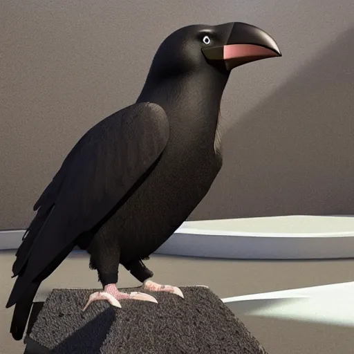 Image similar to a giant crow with a round body short legs and large black beak sitting in a black stone obelisk, photorealistic computer animation, film by Jon Favreau