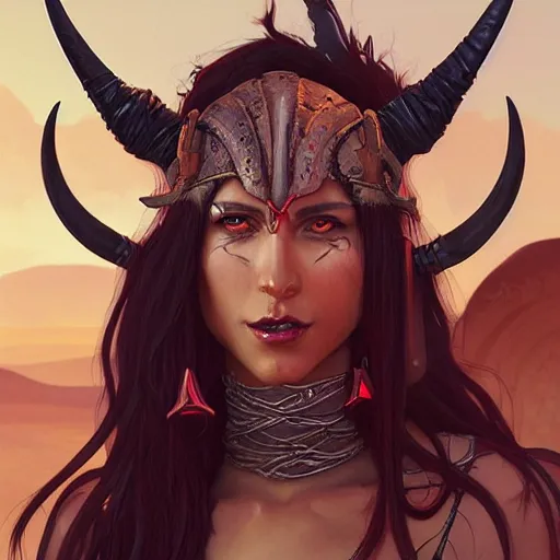 Prompt: portrait of a female berber tiefling barbarian with red skin, devil horns and black hair in a ponytail in a desert, fantasy, highly detailed, digital painting, artstation, concept art, character art, art by greg rutkowski, tyler jacobson, alphonse mucha, ross tran and makoto shinkai