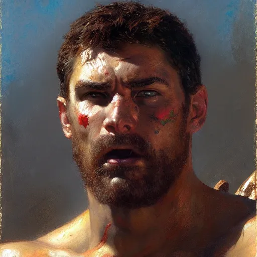 Image similar to Gladiator, muscular, detailed face, correct face, painting by Gaston Bussiere, Craig Mullins