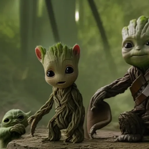 Prompt: Film still of Baby Groot sitting next to Baby Yoda on Dagobah, from The Mandalorian (2019)