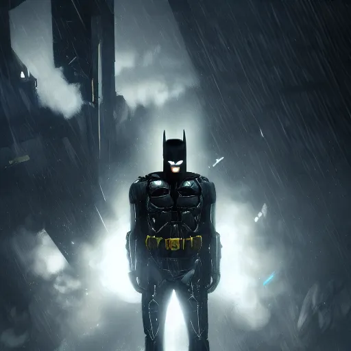 Image similar to batman from deus ex mankind divided falling through the clouds of jupiter, by cedric peyravernay, highly detailed, excellent composition, cinematic concept art, dramatic lighting, trending on artstation