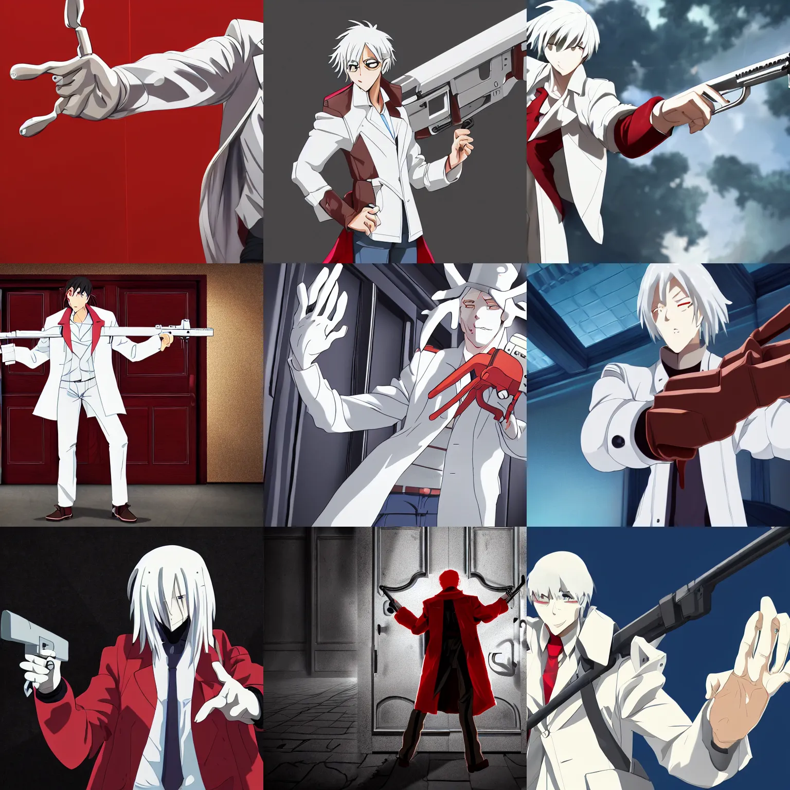 Prompt: an academic wearing a white trench coat with 6 arms holding a rifle and a broken piece of a wooden door. anime. four red arms reach out from behind him, pointing pistols forward. high quality. epic. 4 k resolution.