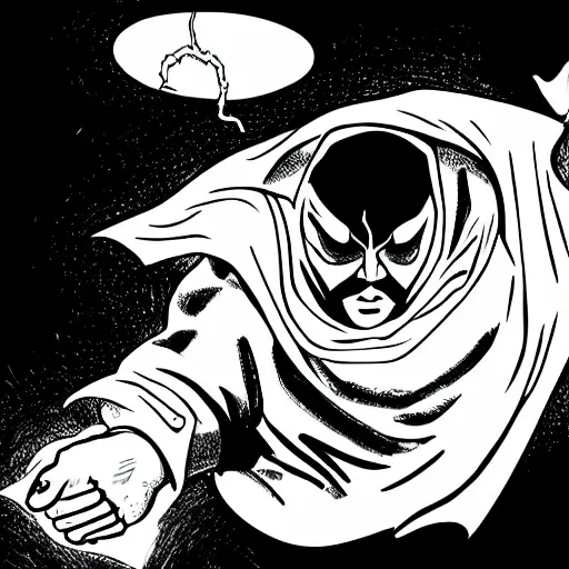 Prompt: white cloaked superhero with a white full ghost mask no mouth and huge black hole - eyes, and a noose knot around his neck hyperdetailed comic book illustration
