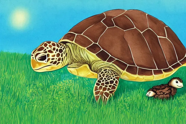 Image similar to turtle and chick, children's book illustration, beautiful