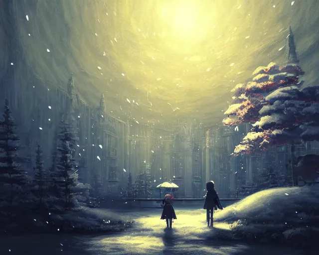 Image similar to scenery artwork, scene beautiful, light!! light essential calm and cozy winter world snow and night, surrealism oil on canvas, artstation!! pixiv!! dream scenery, quality studio ghibli projection render, nier automata concept art, vaporwave textures