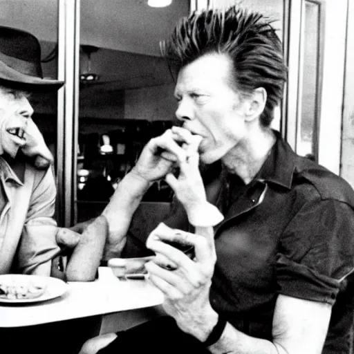 Image similar to tom waits and david bowie having breakfast at a diner, two shot angle, black and white