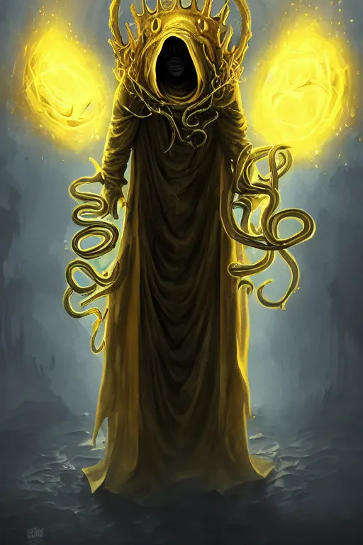 Prompt: A full body portrait of a mysterious character with no face with a very long hooded yellow cloak, a golden crown floating above his head tentacles coming out the ground art by Shaddy Safadi and Jason Chan, ominous, cosmic horror, trending on artstation, Ultra detailed, hyper realistic 4k